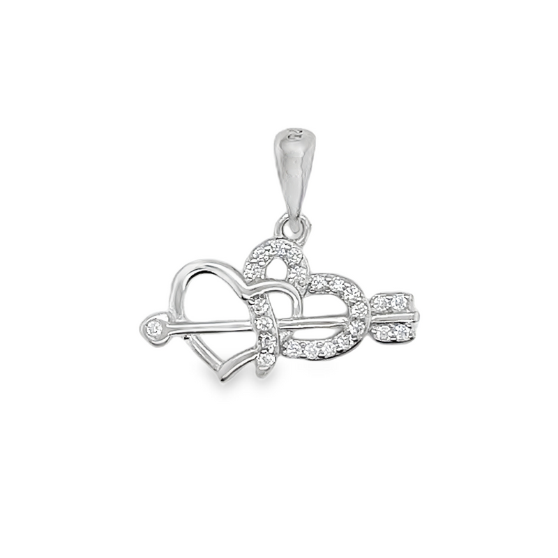 Sterling Silver Cz Double Heart W/ Cupid's Arrow Pendant