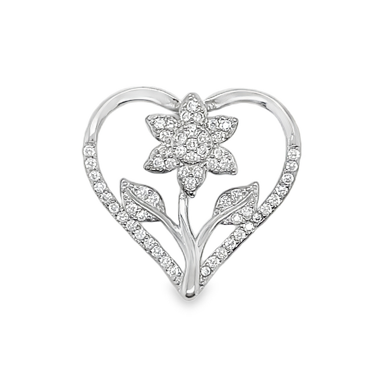 Sterling Silver CZ Flower In Heart Slide Pendant