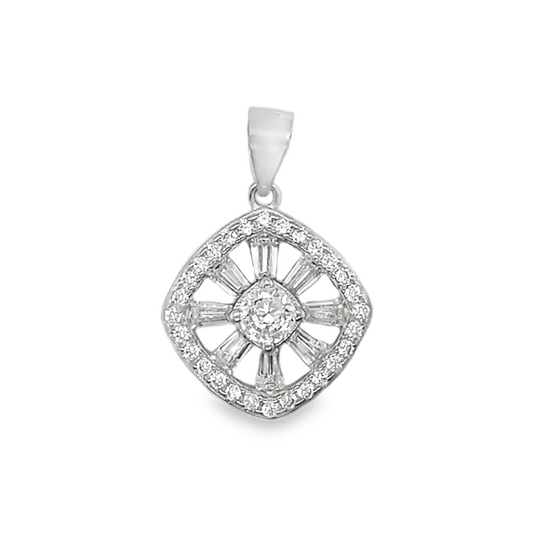 Sterling Silver Round & Baguette CZ Diamond Shape Pendant