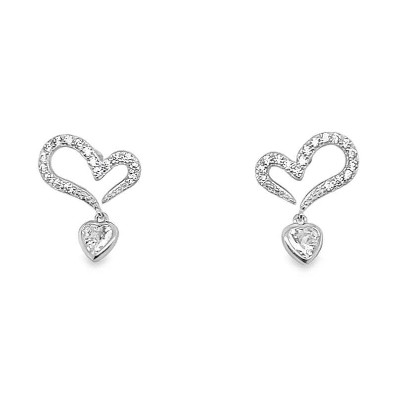 Sterling Silver CZ Open Heart W/ Dangling Heart Stud Earrings