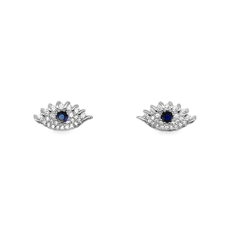 Sterling Silver CZ Clear/Blue Evil Eye Stud Earrings