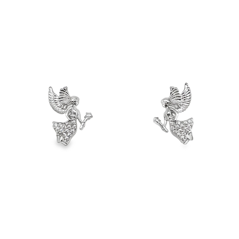 Sterling Silver CZ Fairy W/ Wings Magic Wand Stud Earrings