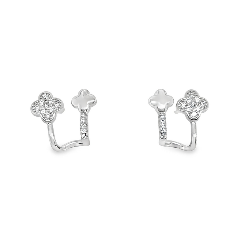 Sterling Silver CZ 4 Leaf Clover Open Huggie Post Earrings