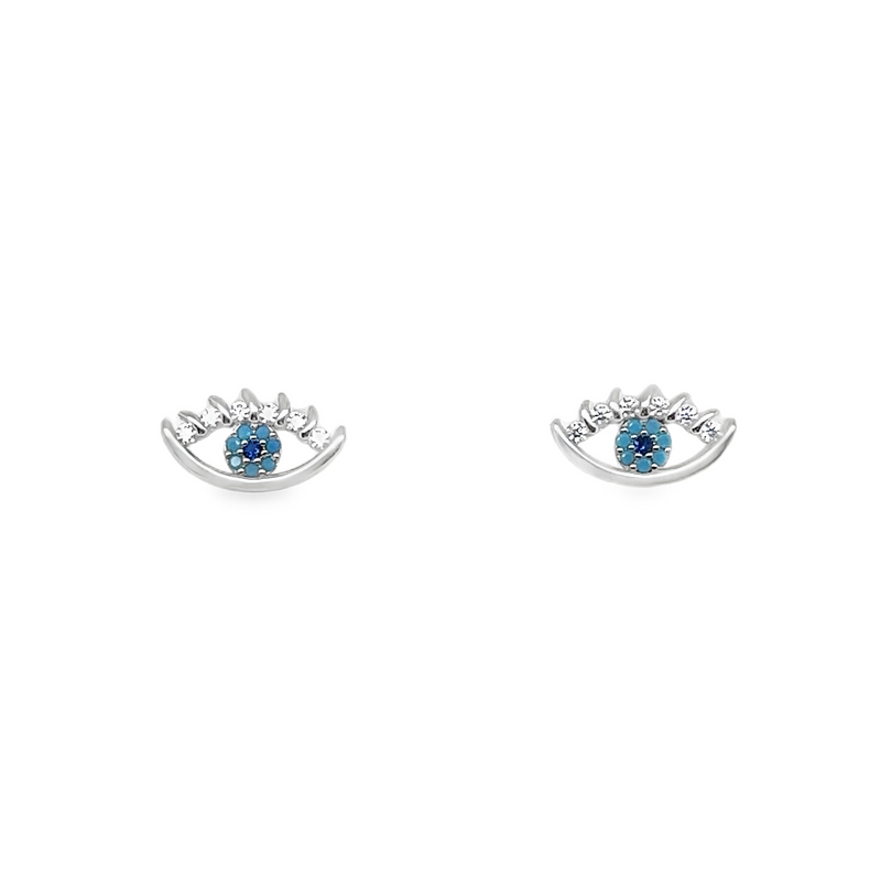 Sterling Silver CZ Clear/Blue Evil Eye Stud Earrings