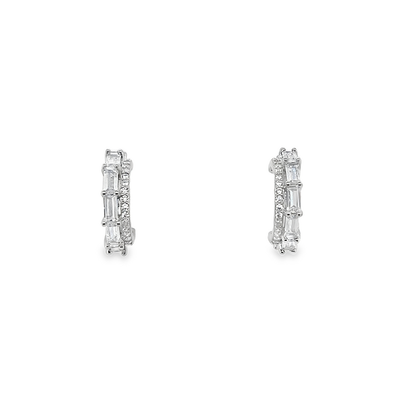 Sterling Silver CZ Baguette & Round Pave Open Huggie Earrings