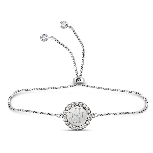 Sterling Silver Engaravle Round Pearl Adjustable Bracelets