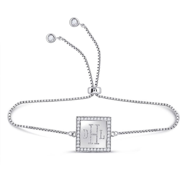 Sterling Silver Engravable Square CZ Adjustable Bracelets