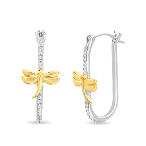 Sterling Silver Two Tone CZ Dragonfly Hoop Earrings