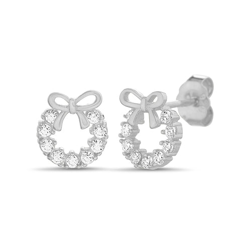 Sterling Silver Open CZ Circle W/ Bow Stud Earrings