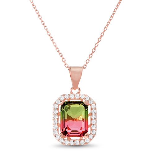 Sterling Silver Rose Gold Rectangle Red/Green CZ Halo Necklace