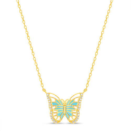 Sterling Silver Gold Plated White/Turquoise Enamel & CZ Butterfly Necklace