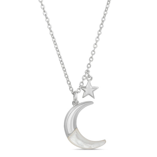 Sterling Silver MOP Crescent Moon & Star Necklace