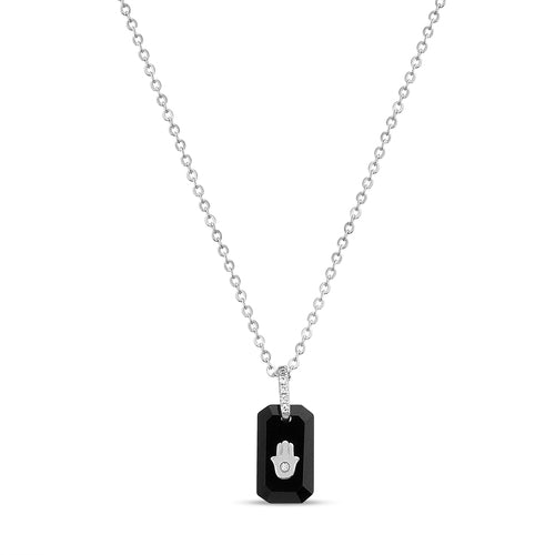 Sterling Silver Rectangular Black Onyx W/ Evil Eye Hamsa Hand Necklace