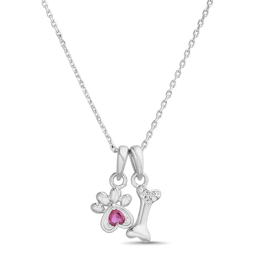 Sterling Silver CZ Paw & Bone Necklace