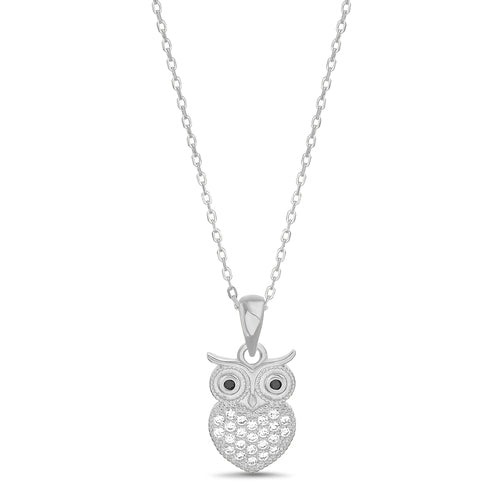 Sterling Silver CZ Black Eyed Owl Necklace