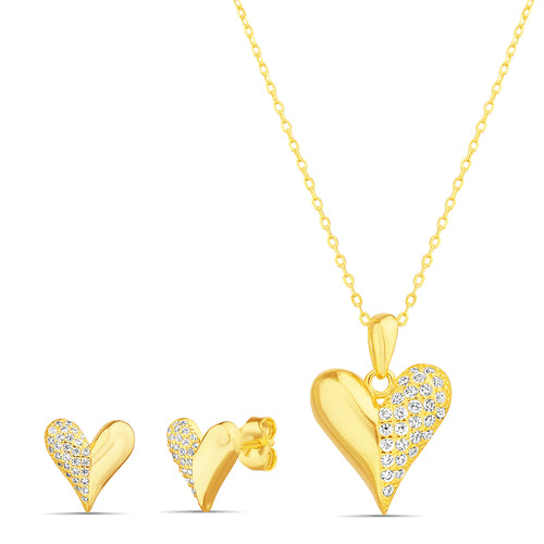 Sterling Silver Cz Heart Necklace & Earrings Set