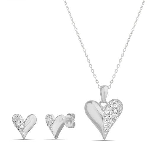 Sterling Silver Cz Heart Necklace & Earrings Set