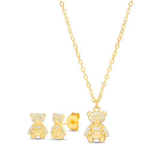 Sterling Silver CZ Teddy Bear Necklace & Earrings Set