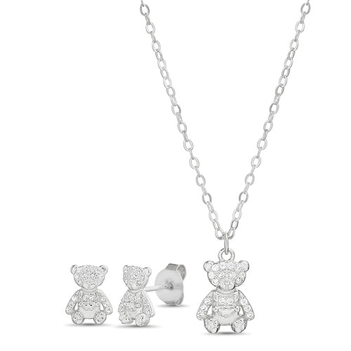 Sterling Silver CZ Teddy Bear Necklace & Earrings Set