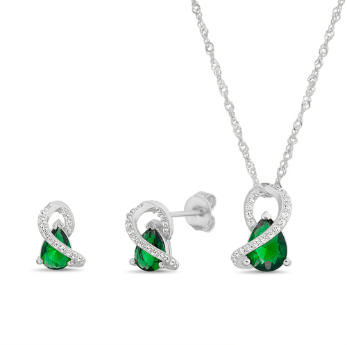 Sterling Silver Colored Teardrop Pear CZ Necklace/Earrings Set