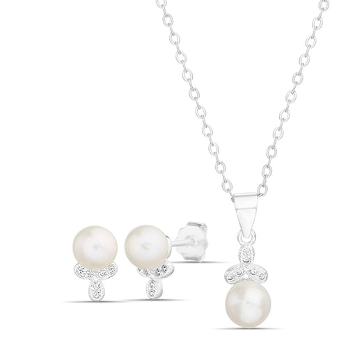 Sterling Silver CZ Pearl Necklace & Earrings Set