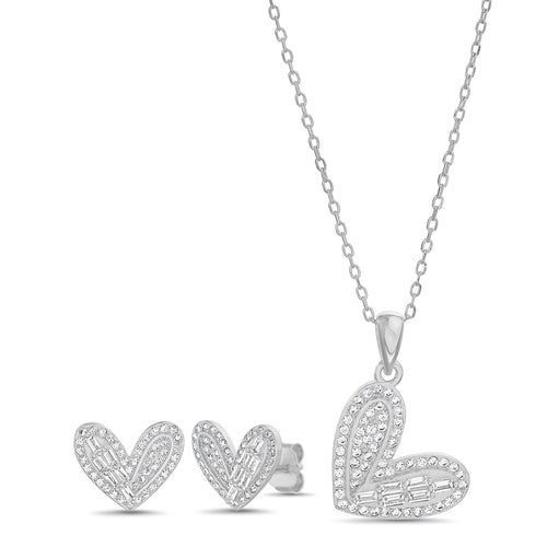 Sterling Silver CZ Heart Necklace/Earrings Set