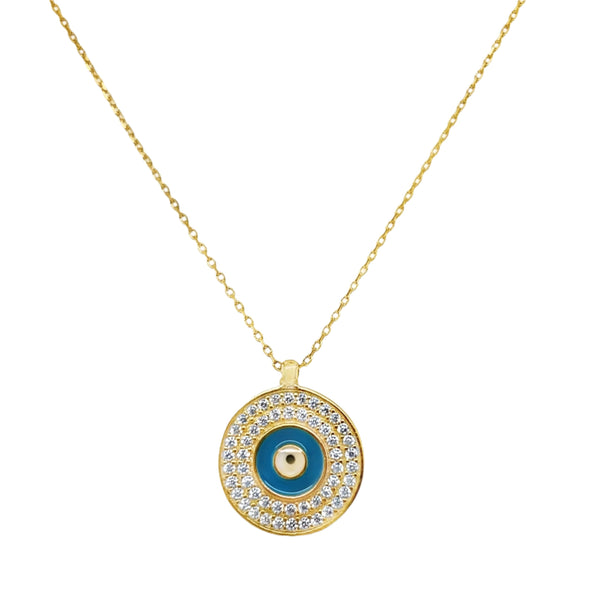 Sterling Silver Gold Plated 0.65" Turquoise Enamel Evil Eye W/ CZ Halo Necklace