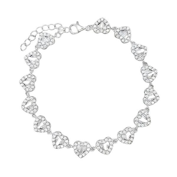 925 Sterling Silver CZ Baguette Hearts Bracelets