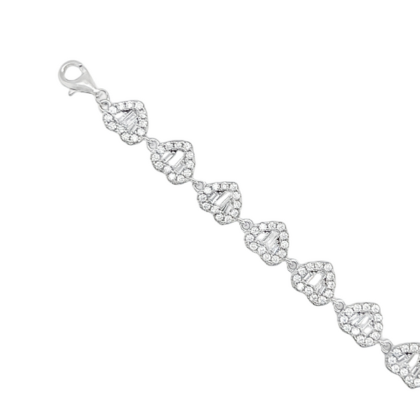 925 Sterling Silver CZ Baguette Hearts Bracelets