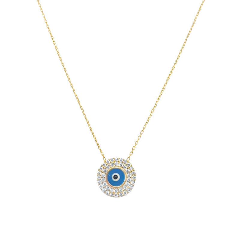 Sterling Silver Gold Plated 0.5" Blue Enamel Evil Eye W/ CZ Halo Necklace