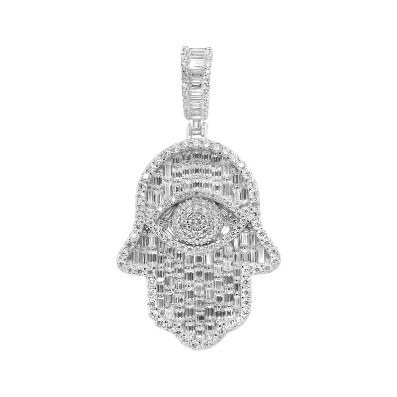 Sterling Silver Moissanite Hamsa Hand Evil Eye Pendant