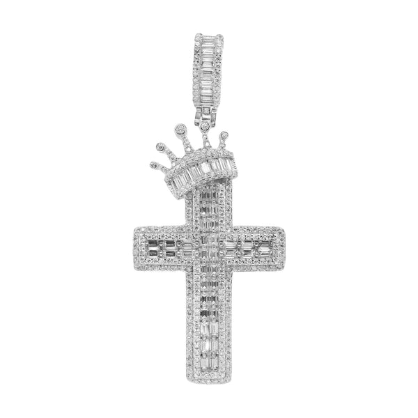 Sterling Silver Moissanite Cross W/ Crown Pendant