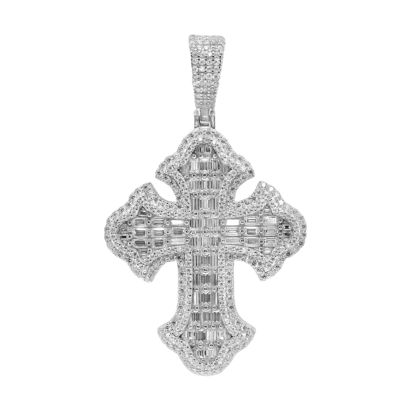 Sterling Silver Moissanite Baguette W/ Round Pave Halo Cross Pendant