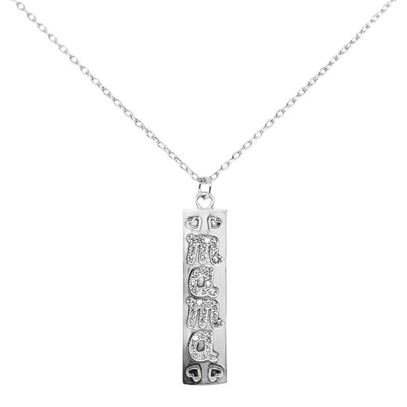 Sterling Silver Rectangle Pendant W/ CZ "MAMA" & Hearts Necklace