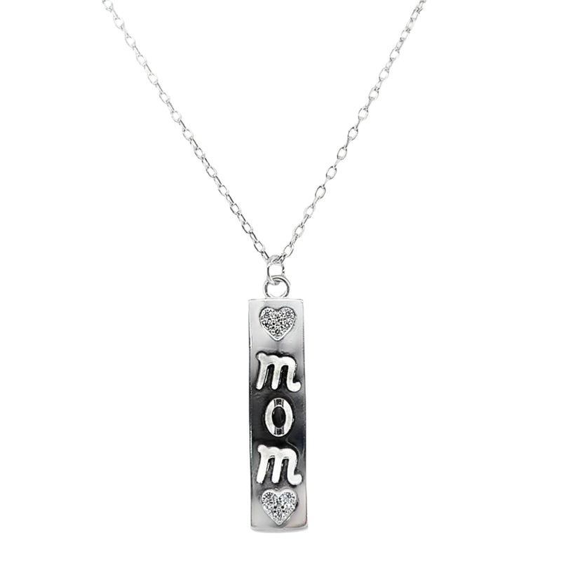 Sterling Silver Rectangle Pendant W/ Cut-Out "MOM" CZ Hearts Necklace