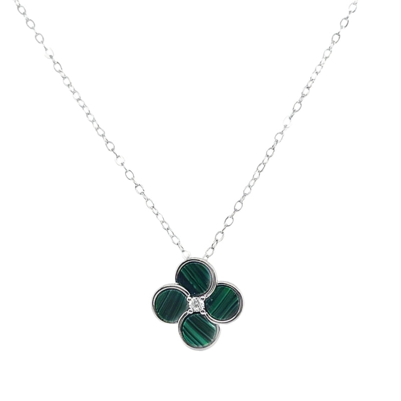 Sterling Silver Green Enamel CZ Center Flower Necklace