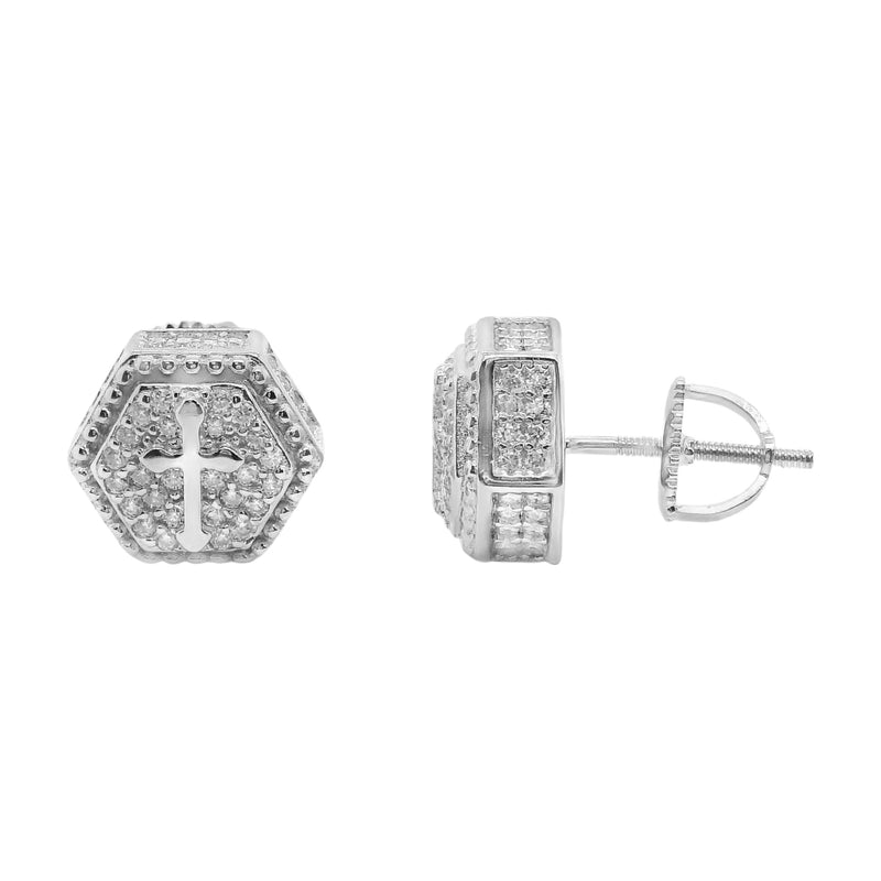 Sterling Silver Moissanite Hexagon W/ Cross Screwback Earrings (10mm)