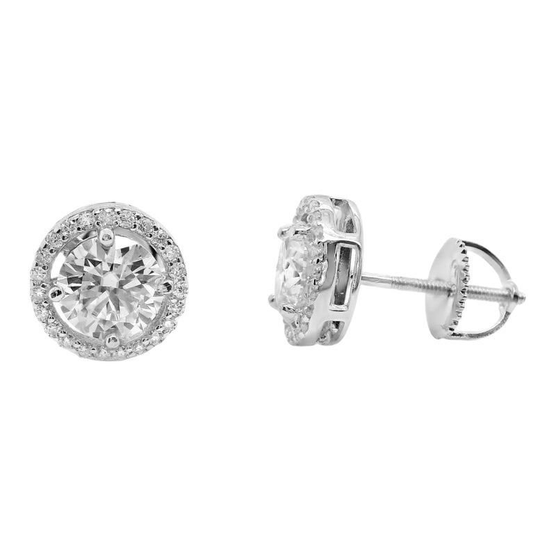 Sterling Silver Moissanite Round Halo Screwback Earrings (9mm)