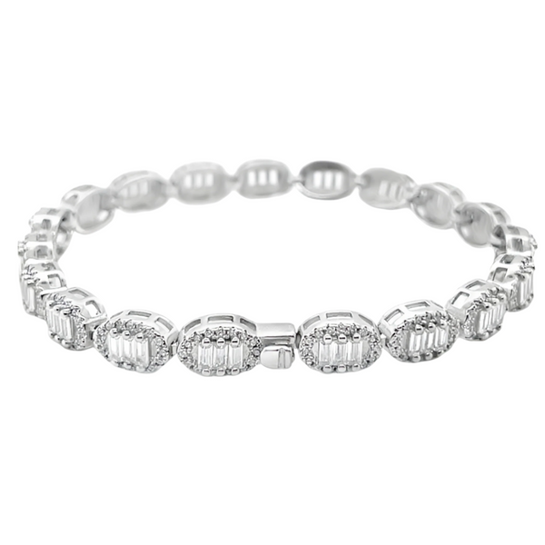 925 Sterling Silver Oval Bracelet with Baguette and CZ Stones