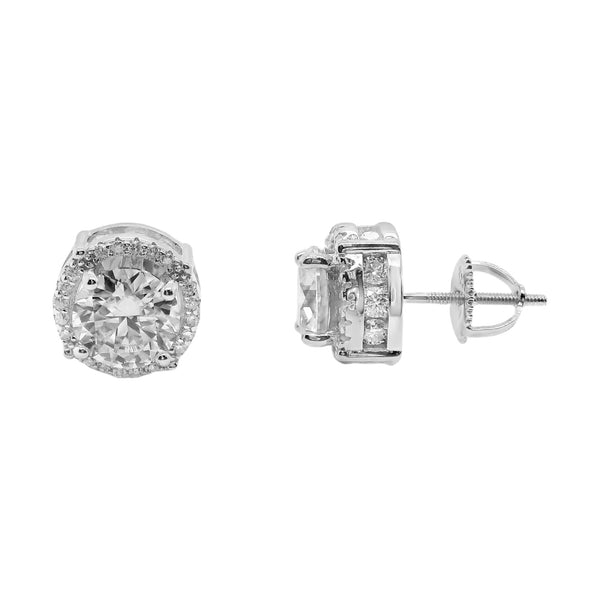 Sterling Silver Moissanite Round Halo Screwback Earrings (10mm)