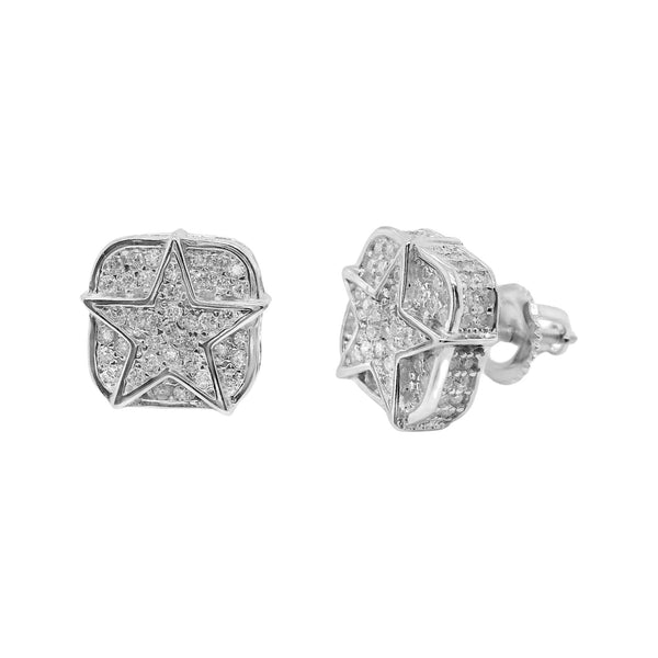 Sterling Silver Moissanite Pave Square Star Screwback Earrings (10.5mm)