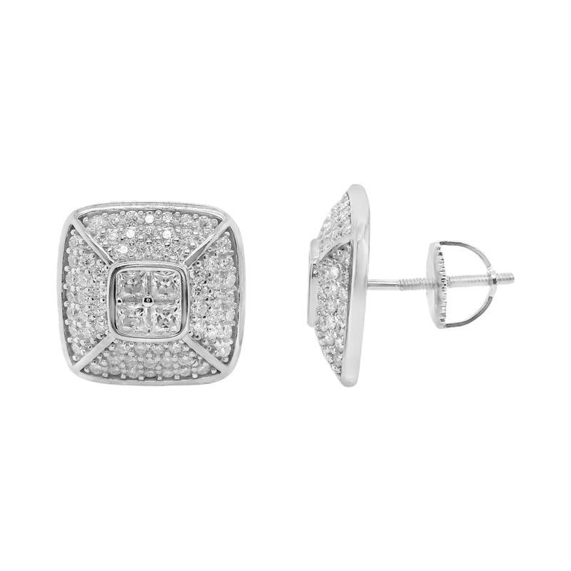 Sterling Silver Moissanite Pave Domed Square Screwback Earrings (13mm)