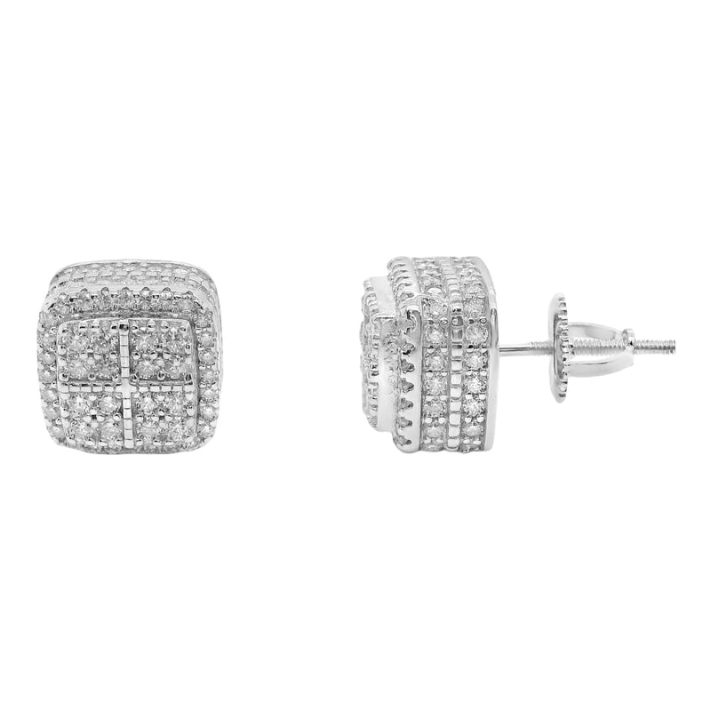 Sterling Silver Moissanite Pave Square Thick Screwback Earrings (9.5mm)