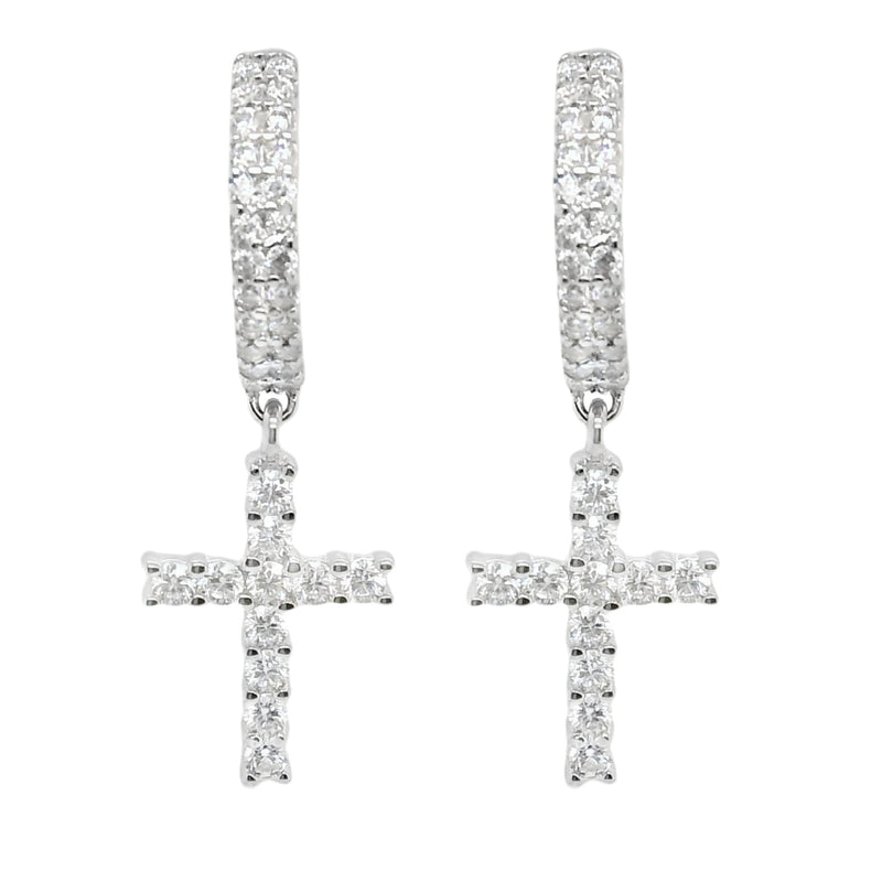 Sterling Silver Moissanite Pave Cross Huggie Earrings