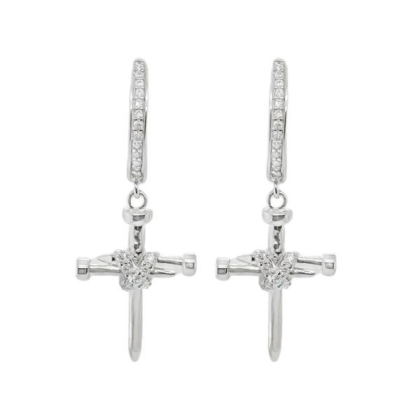 Sterling Silver Moissanite Nail Cross Huggie Earrings