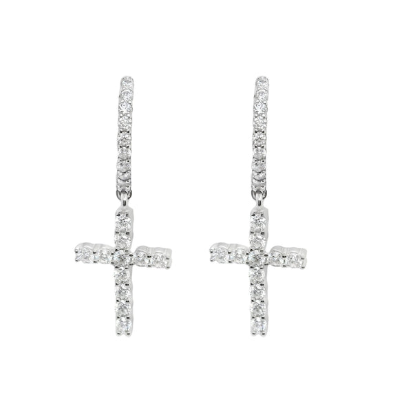 Sterling Silver Moissanite Pave Cross Huggie Earrings