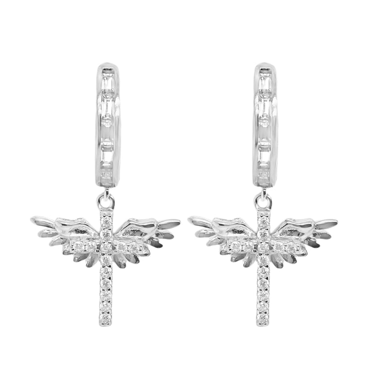 Sterling Silver Moissanite Cross W/ Angel Wings Huggie Earrings