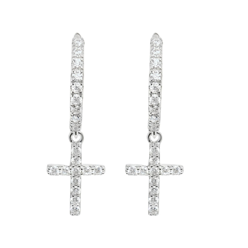 Sterling Silver Moissanite Dangling Cross Huggie Earrings