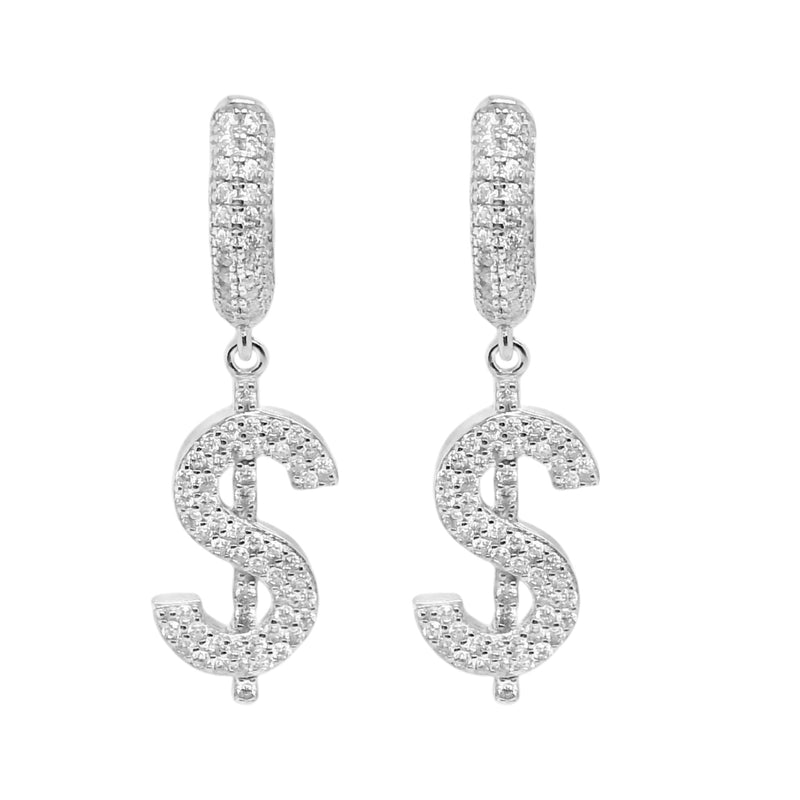 Sterling Silver Moissanite Pave Dollar Sign Huggie Earrings