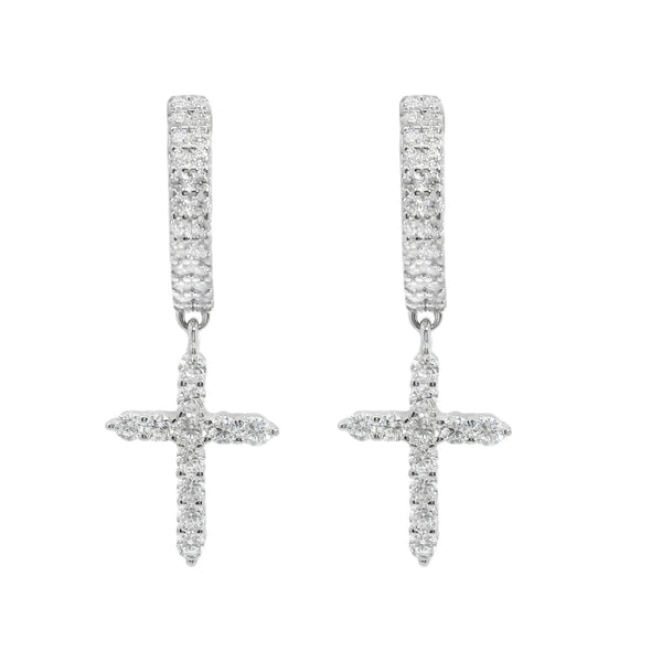 Sterling Silver Moissanite Pave Cross Huggie Earrings